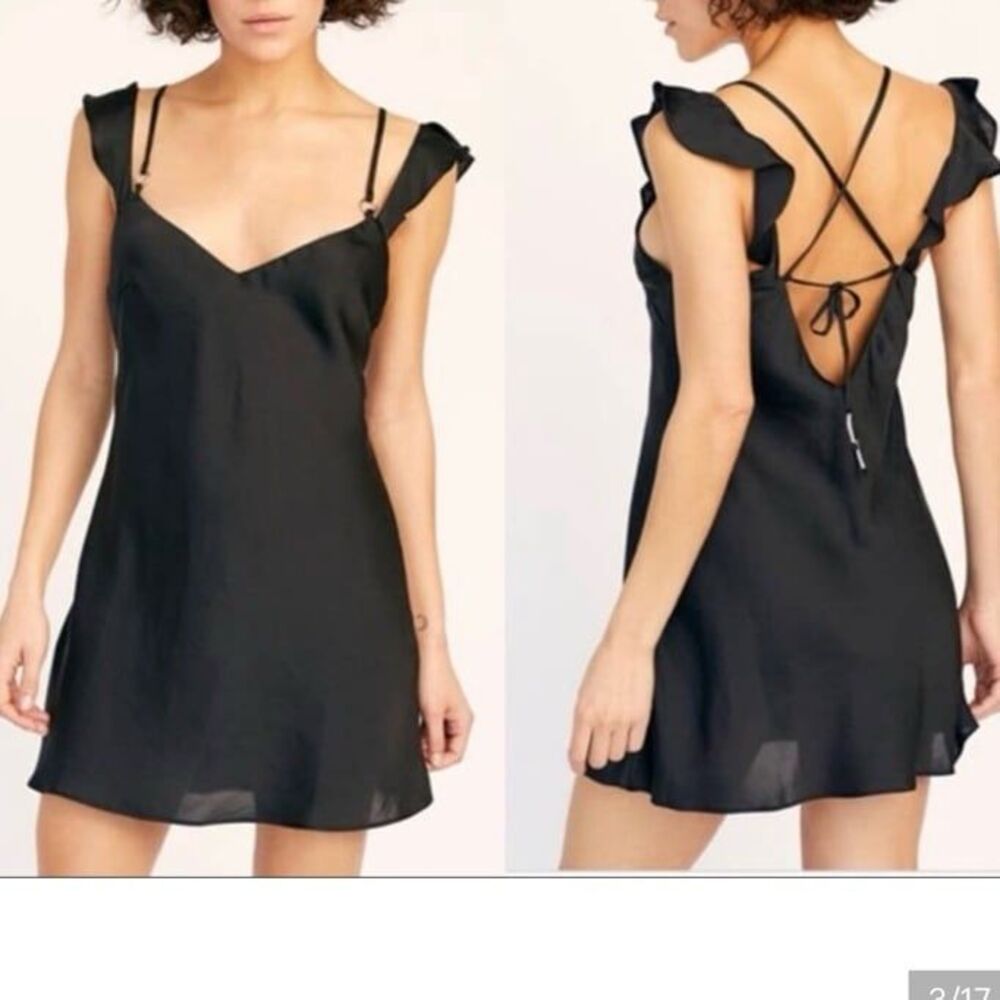 Intimately Free People Black Silky Slip Dress Flutter Sleeves Ties Size XS